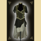 Preview: Long dress made of leather and cotton. It has a goblet collar and braid trim. Green tones in olive and sage.