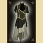 Preview: Long dress made of leather and cotton. It has a goblet collar and braid trim. Green tones in olive and sage.