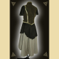 Preview: Long dress made of leather and cotton. It has a goblet collar and braid trim. Green tones in olive and sage.