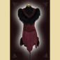 Preview: Dress made of burgundy suede. Decorated with lavish sheepskin trim, black trimmings, and black ornaments at the neckline and side panels. The skirt section shows the natural edges of the goat suede.