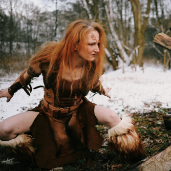 Elaborate sword and sorcery leather dress with fur, for female barbarians