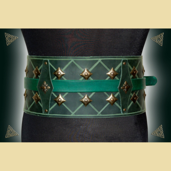 Big belt made of green leather and brass-colored decorative rivets