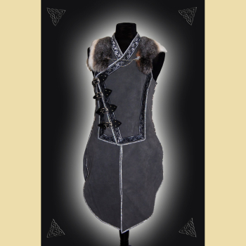 Leather tunic with side closure, border decoration, and fur collar. Gray