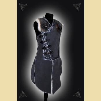 Leather tunic with side closure, border decoration, and fur collar. Gray