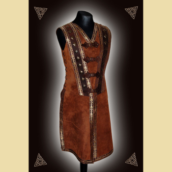 Leather tunic trimmed with decorative rivets and braid. Medium brown.