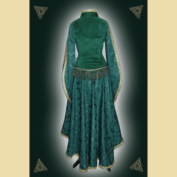 Preview: Langes Kleid aus Leder und Baumwolle. Es hat einen Kelchkragen und Bortenverzierung. Grüntöne in oliv und salbei