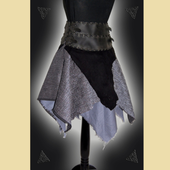 Preview: Rock mit breitem Bund aus anthrazitfarbenem Fettleder, schwarzem Ziegenvelours, grauem Feinkaro und Leinenstoff.