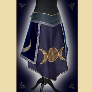 Preview: Hüftig sitzender Rock aus dunkelblauem Fettleder, Baumwollsamt und Leinenstoff.