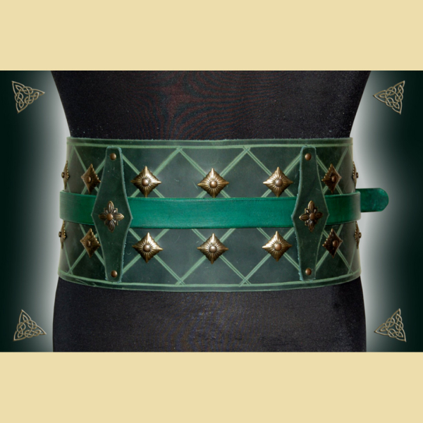 Big belt made of green leather and brass-colored decorative rivets