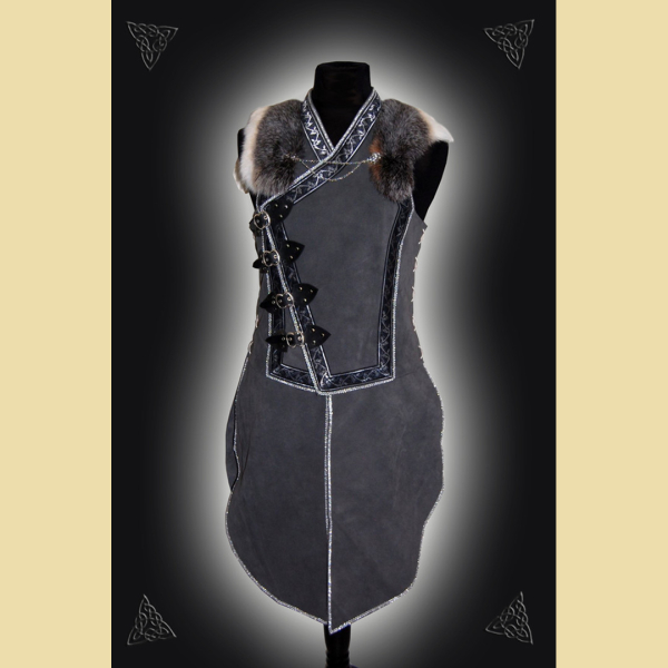 Leather tunic with side closure, border decoration, and fur collar. Gray