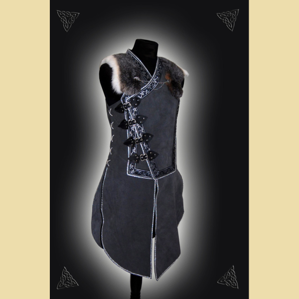 Leather tunic with side closure, border decoration, and fur collar. Gray