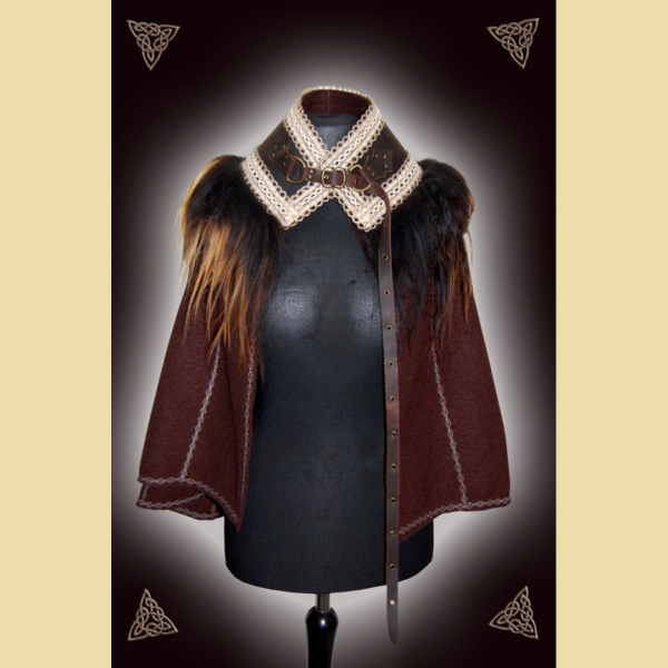 Short, brown musketeer coat, decorated with sheepskin and embroidered borders