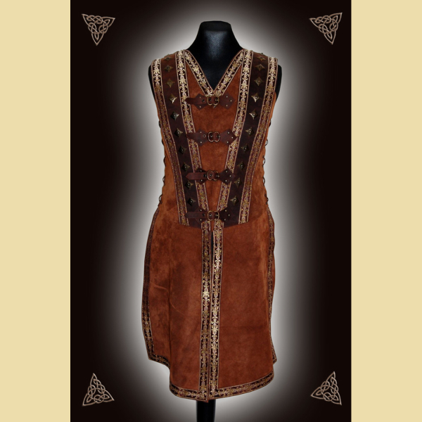 Leather tunic trimmed with decorative rivets and braid. Medium brown.