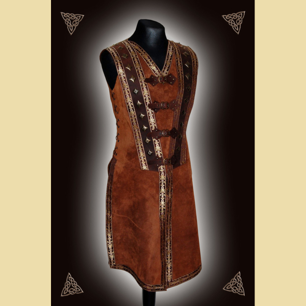 Leather tunic trimmed with decorative rivets and braid. Medium brown.