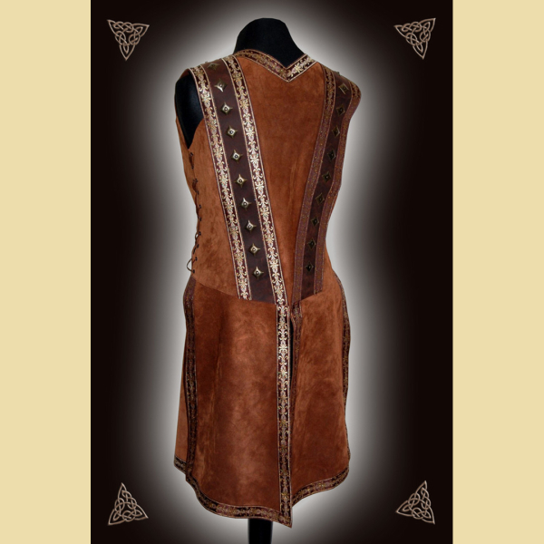 Leather tunic trimmed with decorative rivets and braid. Medium brown.