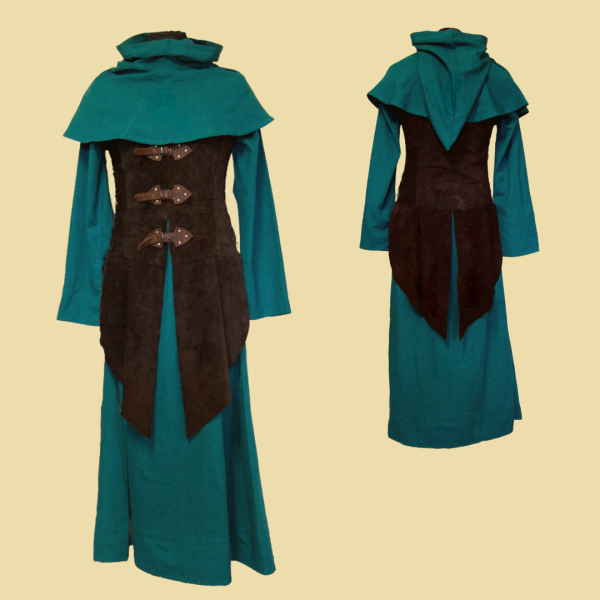 Green robe and hood with a dark brown leather tunic