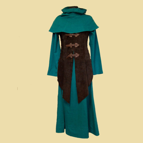 Green robe and hood with a dark brown leather tunic