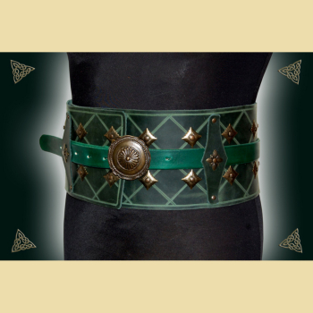 Big belt made of green leather and brass-colored decorative rivets