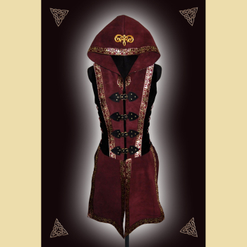 Elaborately decorated leather tunic with hood. Burgundy and black.