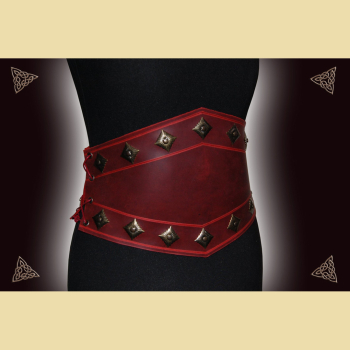 Corset belt made of red oiled leather with diamond-shaped decorative rivets in antique brass