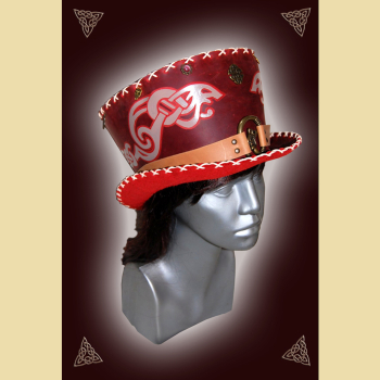Top hat made of red oiled leather, decorated with Viking motifs